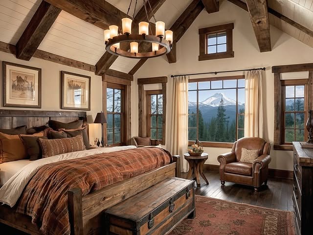 15. Mountain Lodge Bedroom with Warm Brown and Earthy Plaid - rustic bedroom ideas