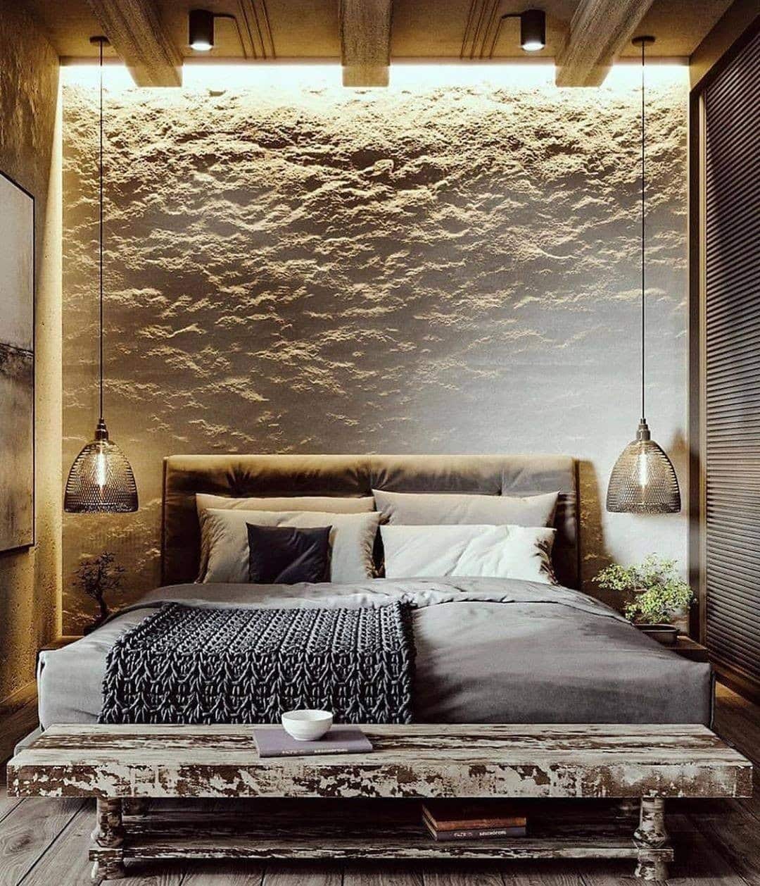 20. Rustic Industrial Bedroom with Concrete Texture and Warm Wood - rustic bedroom ideas