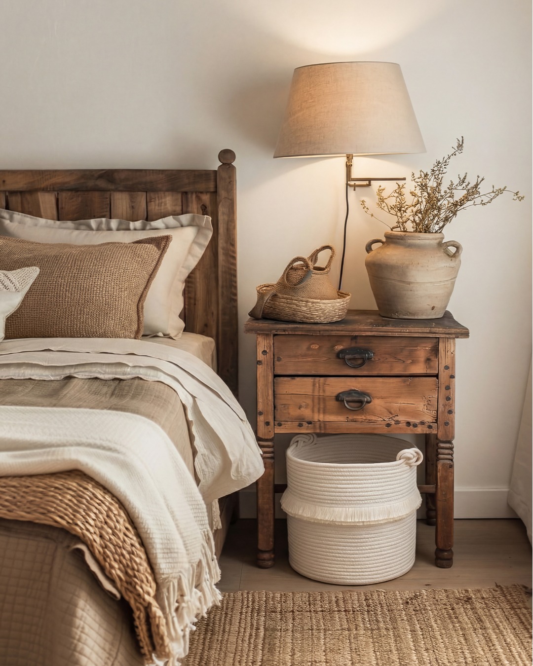 21. Soft Rustic Bedside Styling with Warm Beige and Natural Wood - rustic bedroom ideas