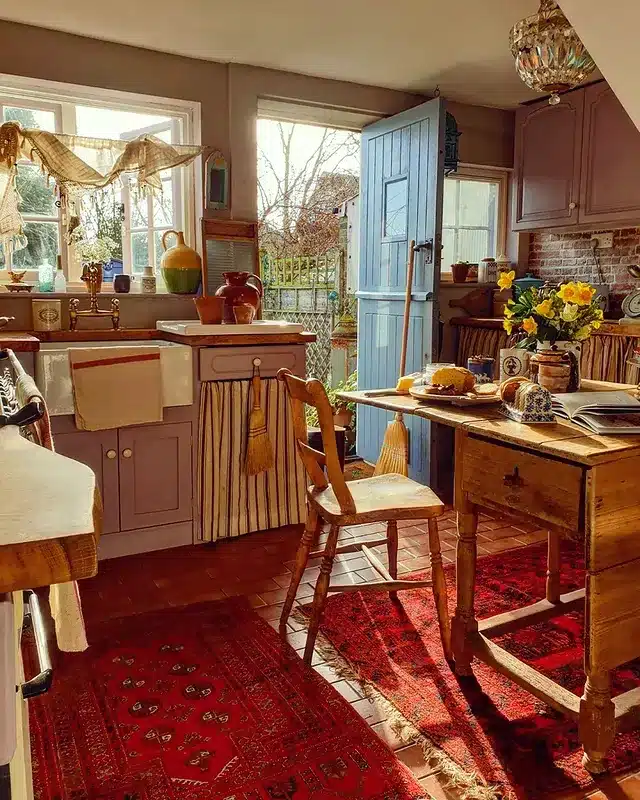 3. Rustic Cottage Kitchen with Earthy Colors and Vintage Textiles - country style kitchen ideas