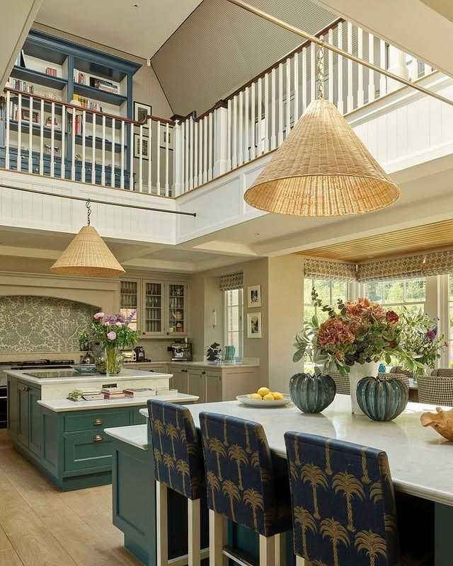 4. Elegant Country Kitchen with Muted Green Island and Statement Lighting - country style kitchen ideas