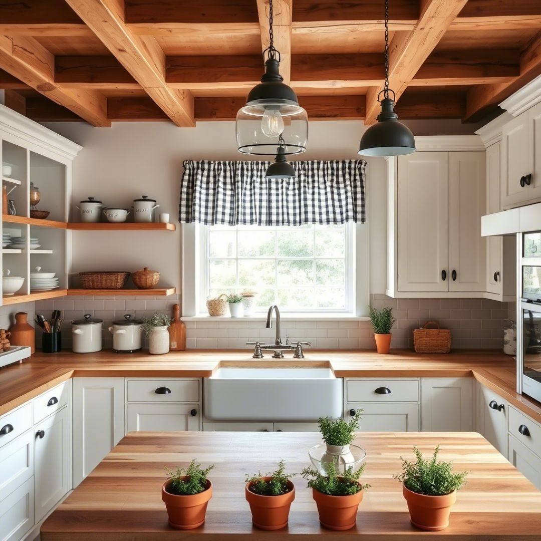 19. Traditional Farmhouse Kitchen with Wood Beams and Gingham Accents - country style kitchen ideas