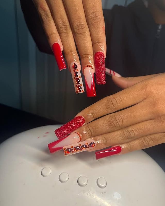 9. Bold Red Coffin Nails with Rhinestone Line Design - red prom nail ideas