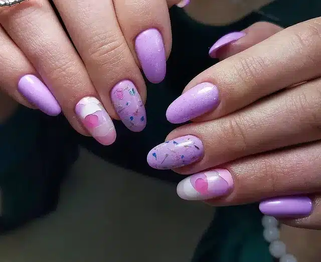 3. Short Almond Lavender Nails with Pink Heart Art - purple and lavender nail ideas