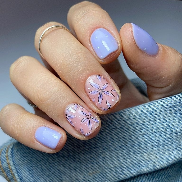 4. Pastel Lavender Short Nails with Floral Accent Design - purple and lavender nail ideas