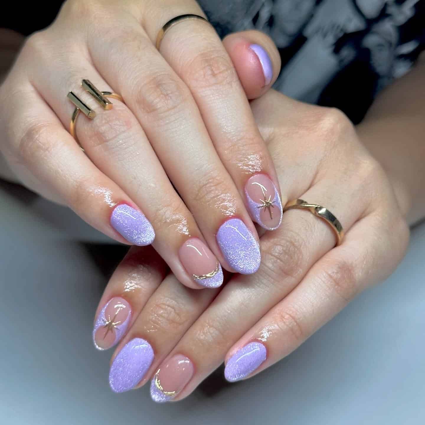 6. Lilac Textured Nails with Gold Line Details - purple and lavender nail ideas
