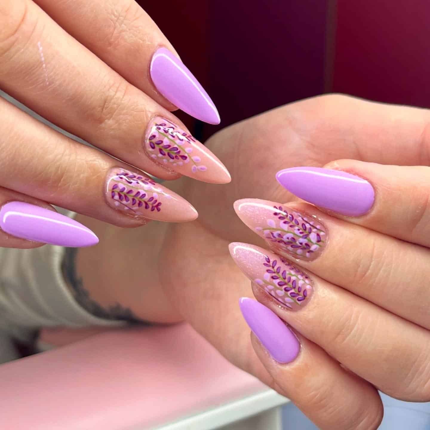 9. Lavender Almond Nails with Botanical Hand-Painted Details - purple and lavender nail ideas