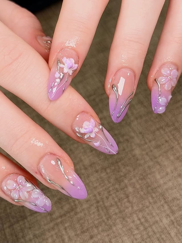 12. Lavender Ombre Almond Nails with 3D Floral Art - purple and lavender nail ideas