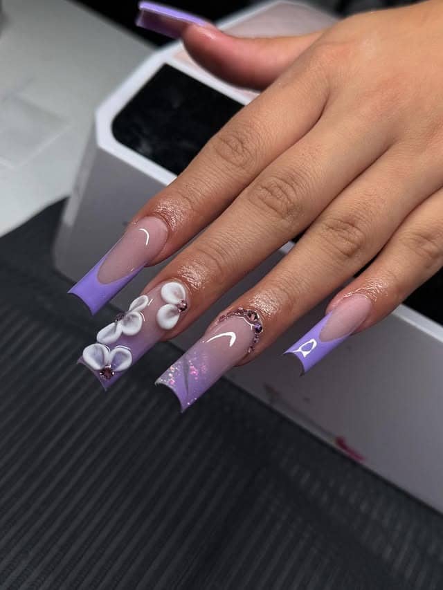 13. Lavender French Tip Coffin Nails with 3D Flower Accents - purple and lavender nail ideas