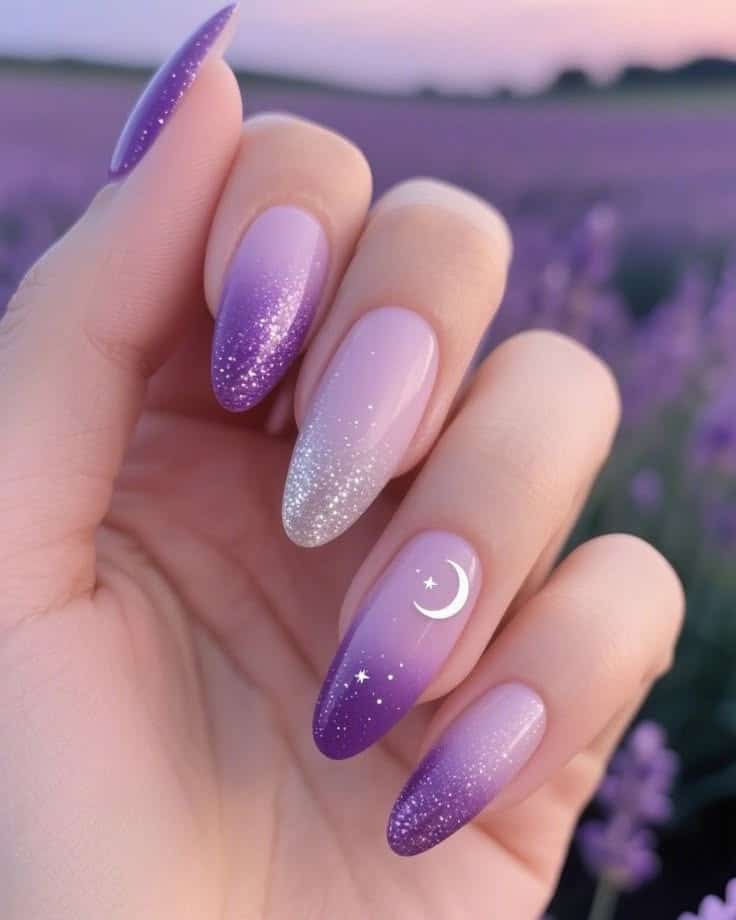 14. Purple Ombre Almond Nails with Glitter Fade and Celestial Details - purple and lavender nail ideas