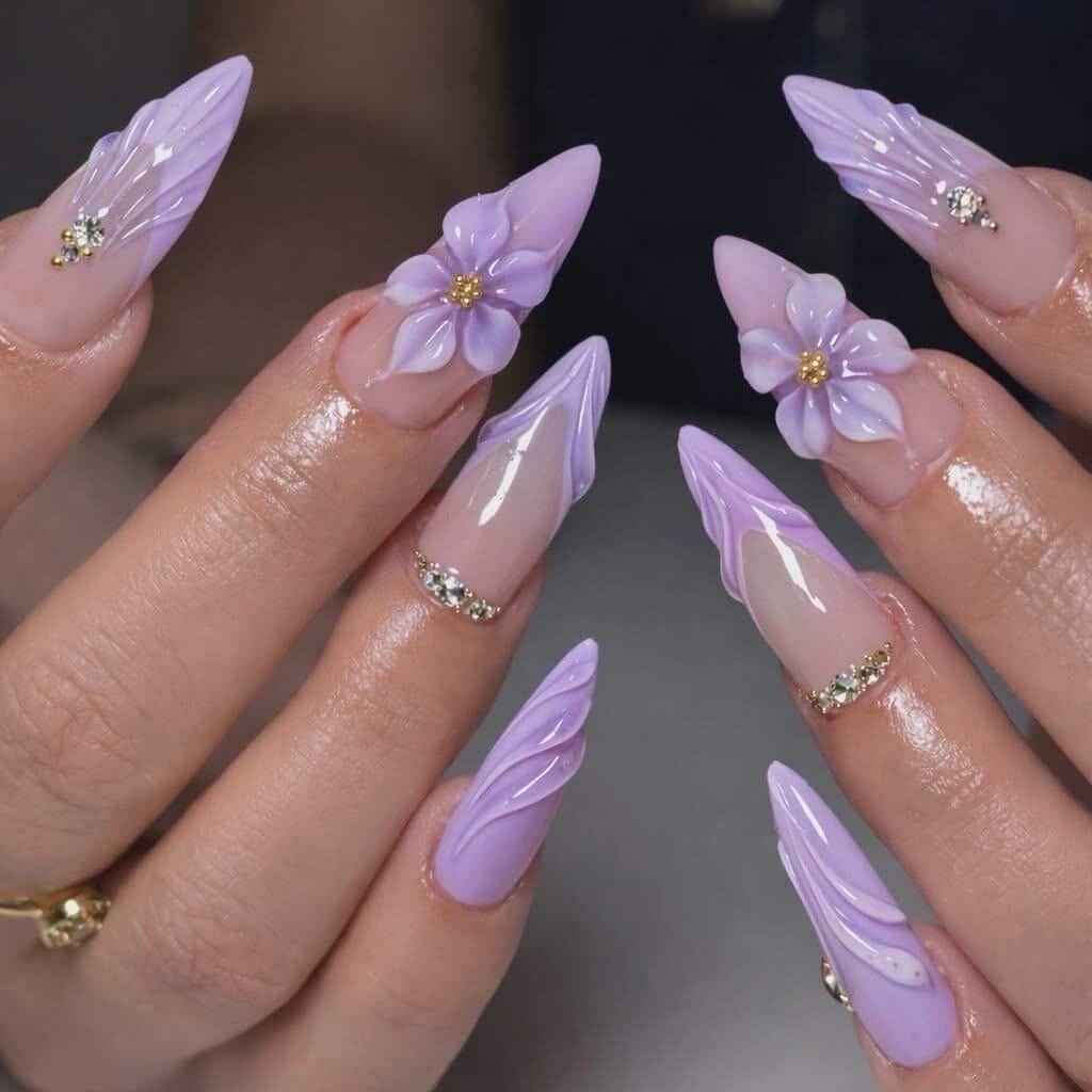 15. Sculpted Lilac Stiletto Nails with 3D Floral Embellishments - purple and lavender nail ideas