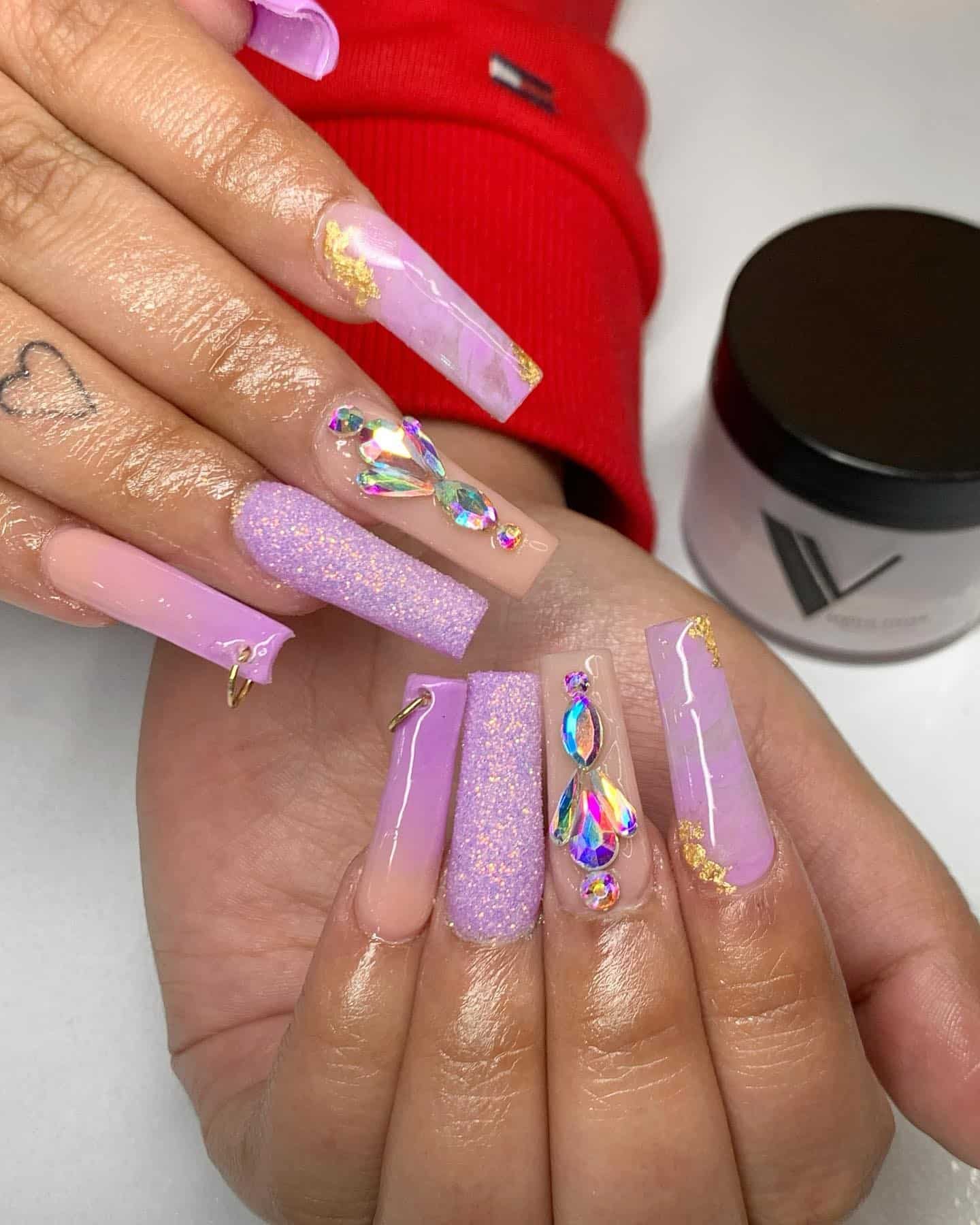 16. Lilac Coffin Nails with Sugar Texture and Crystal Accents - purple and lavender nail ideas