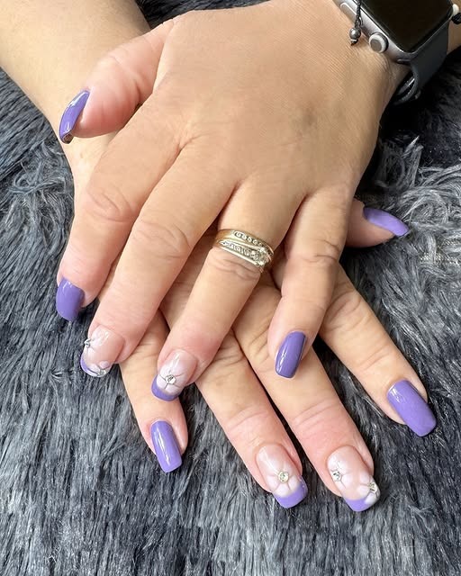 17. Glossy Lavender Square Nails with Minimal Floral Accents - purple and lavender nail ideas