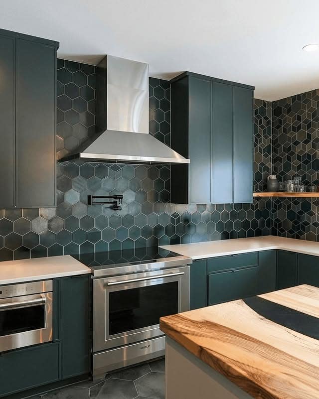 6. Deep Green Hex Tile with Matching Cabinetry - kitchen tile ideas