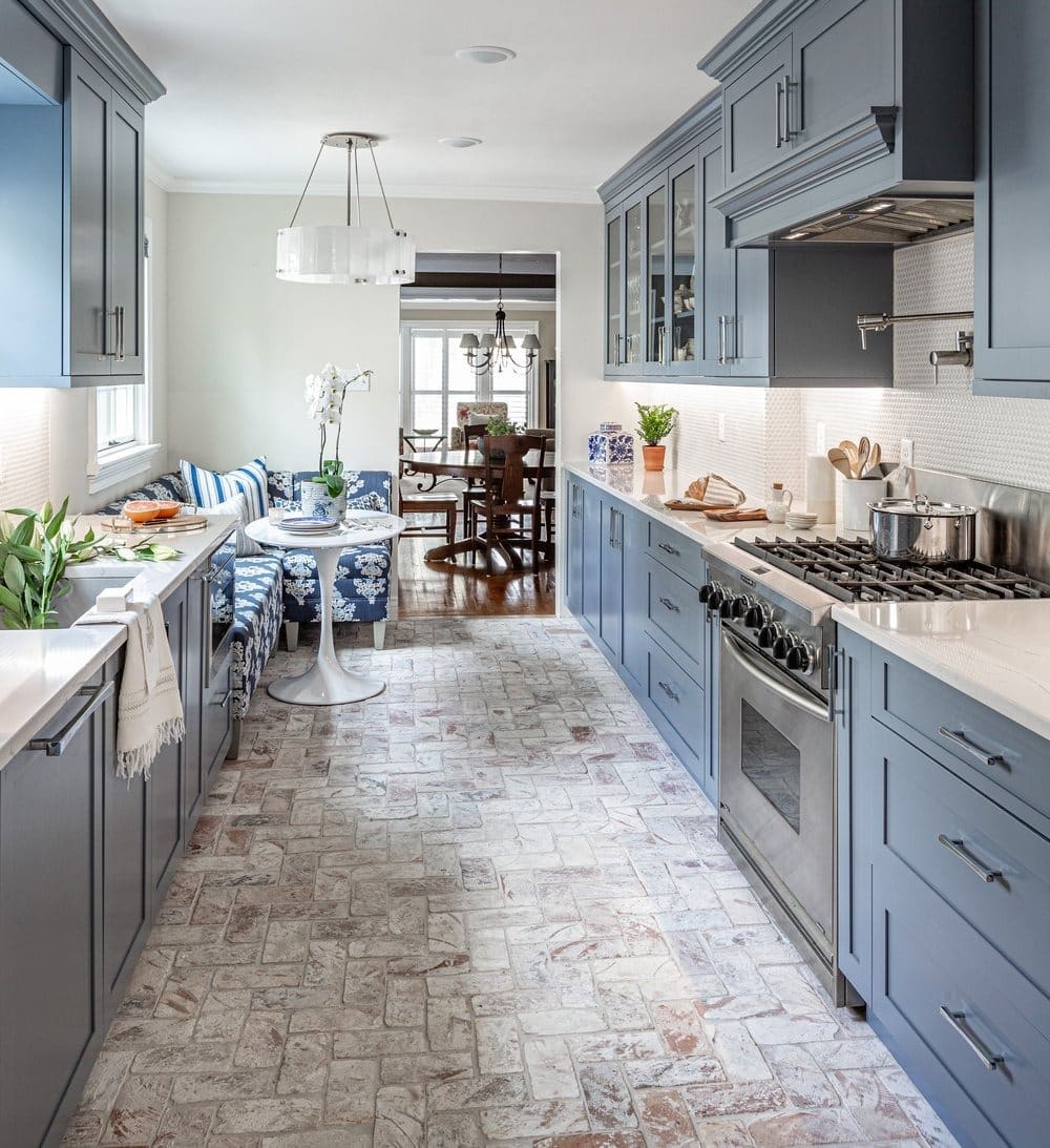 7. Powder Blue Cabinets with Textured White Tile - kitchen tile ideas