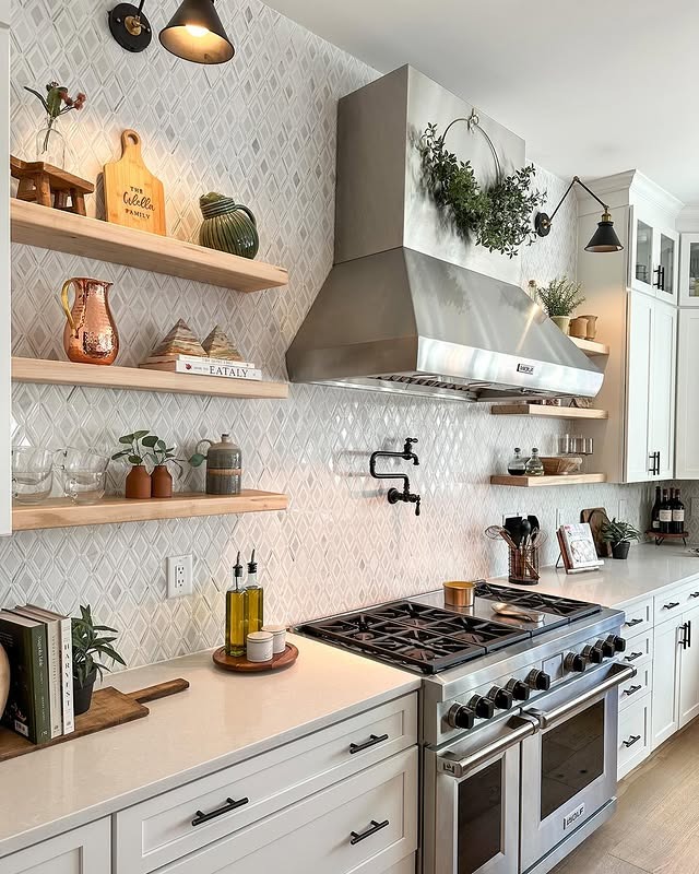 8. Soft Cream Diamond Tile with Open Wood Shelving - kitchen tile ideas