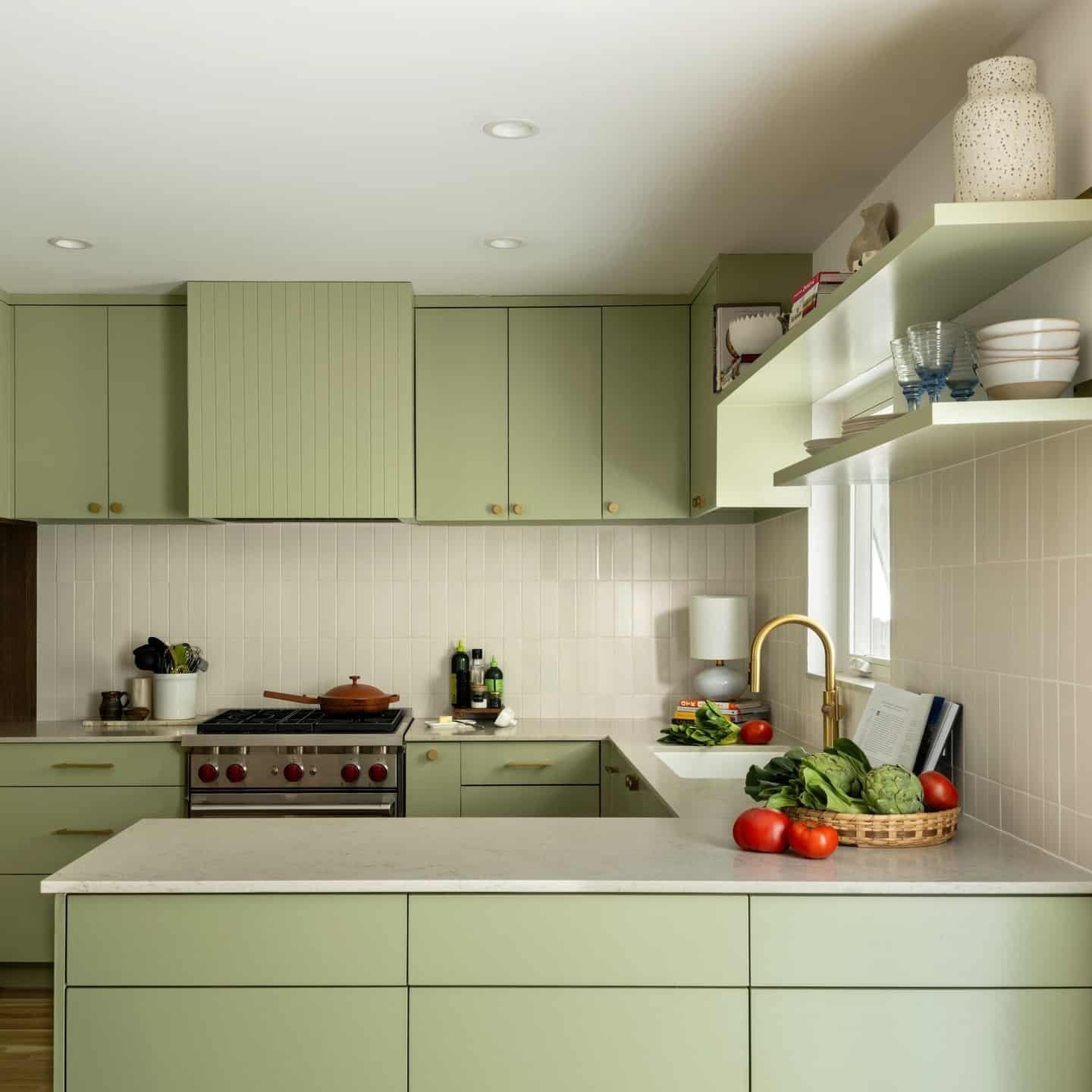 10. Sage Green Cabinets with Vertical Stack Tile Backsplash - kitchen tile ideas