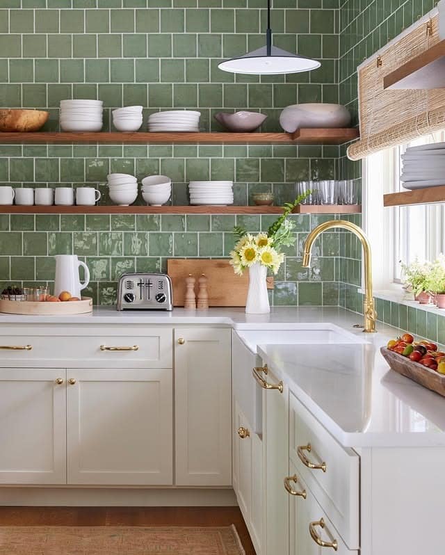 11. Glossy Green Subway Tile with Open Wood Shelving - kitchen tile ideas
