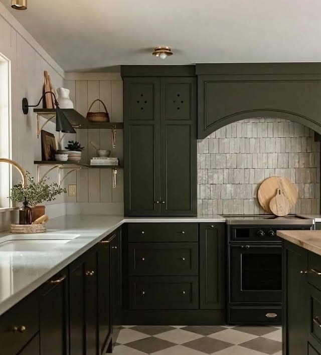 12. Deep Olive Cabinetry with Textured Neutral Tile Alcove - kitchen tile ideas