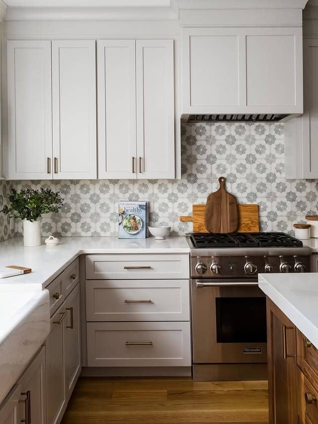 19. Classic Gray Floral Tile with White Shaker Cabinets - kitchen tile ideas