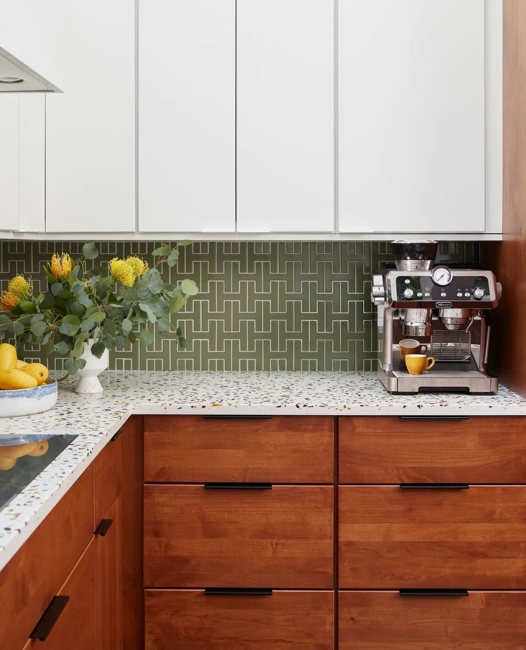20. Graphic Green Tile with Terrazzo Countertops - kitchen tile ideas