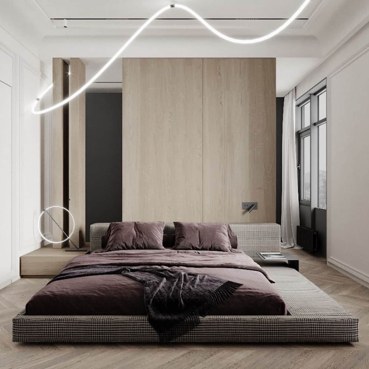 1. Sculptural Light & Warm Wood Minimal Bedroom - minimalist bedroom ideas