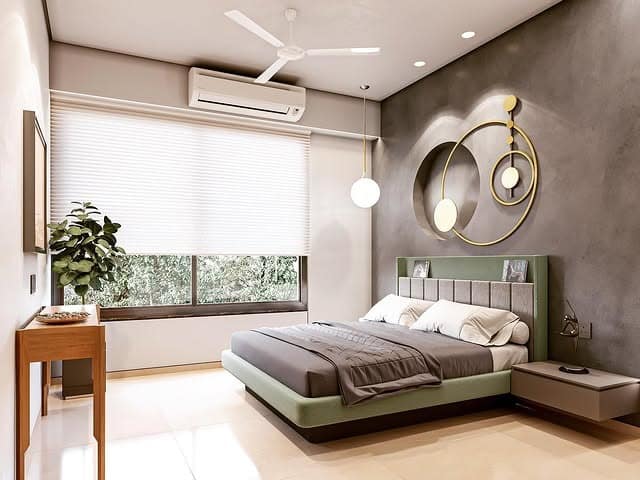6. Modern Accent Wall with Geometric Lighting Bedroom - minimalist bedroom ideas