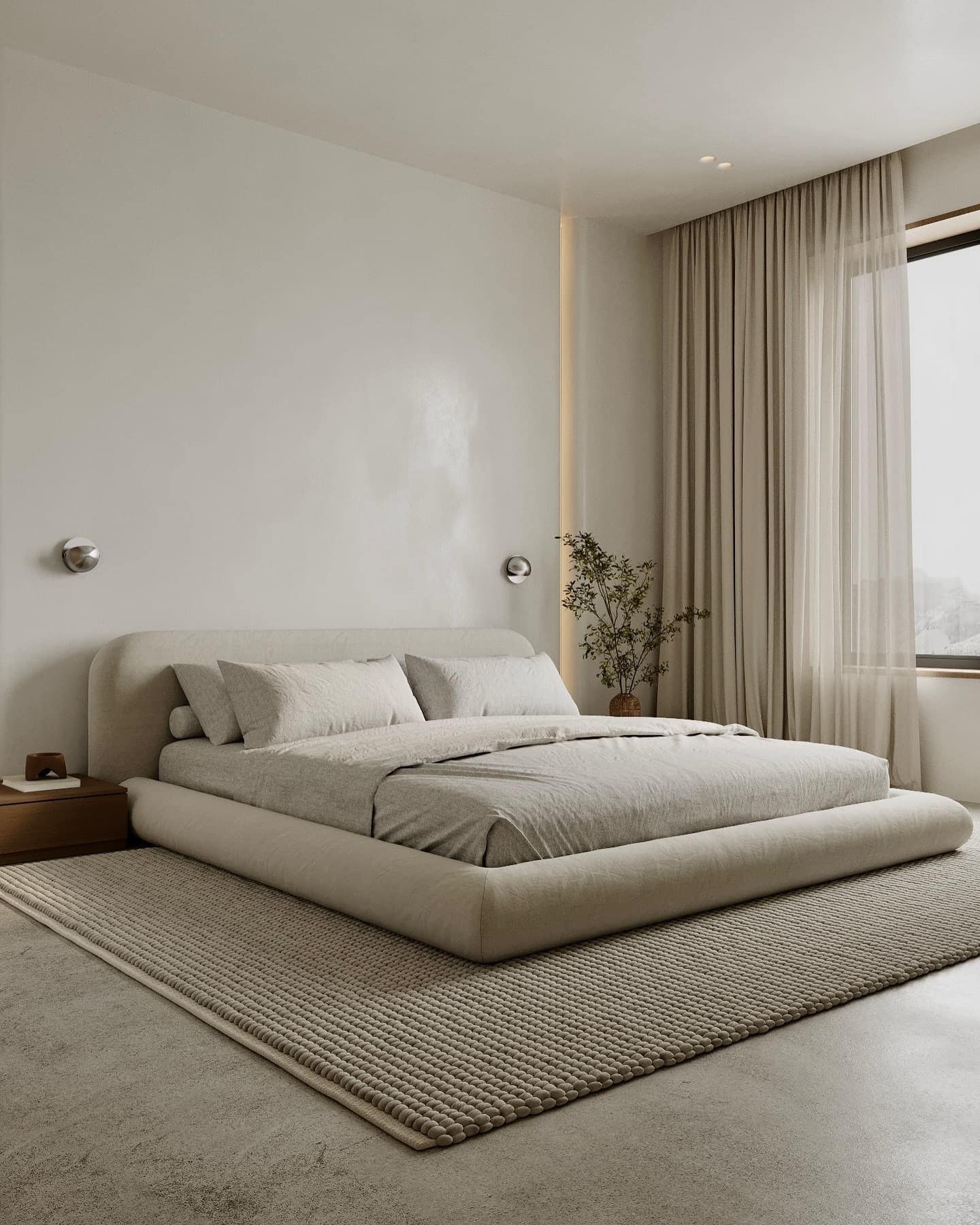 7. Low Platform Beige Minimal Bedroom - minimalist bedroom ideas