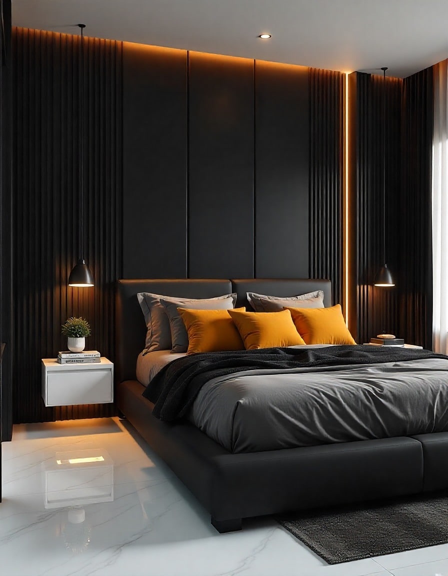9. Dark Panel Drama with Warm Accents Bedroom - minimalist bedroom ideas