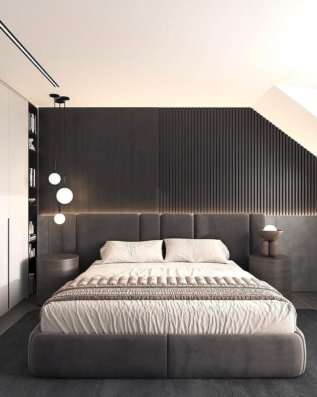 10. Textured Wall Panels & Neutral Modern Bedroom - minimalist bedroom ideas