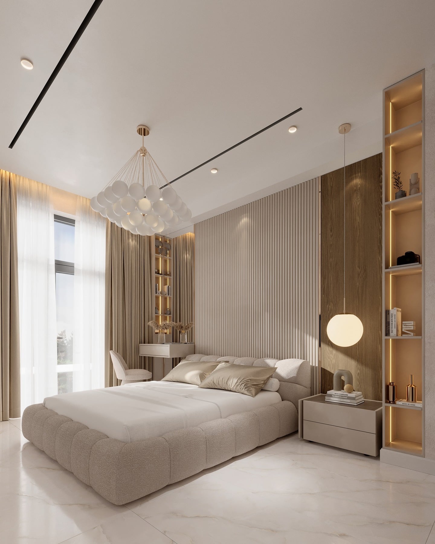 12. Sculptural Lighting & Cream Panel Bedroom - minimalist bedroom ideas