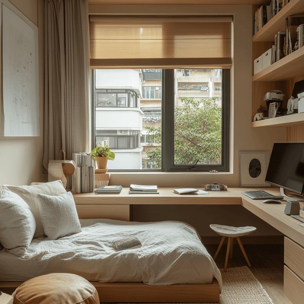 14. Compact Minimal Bedroom with Built-In Workspace - minimalist bedroom ideas