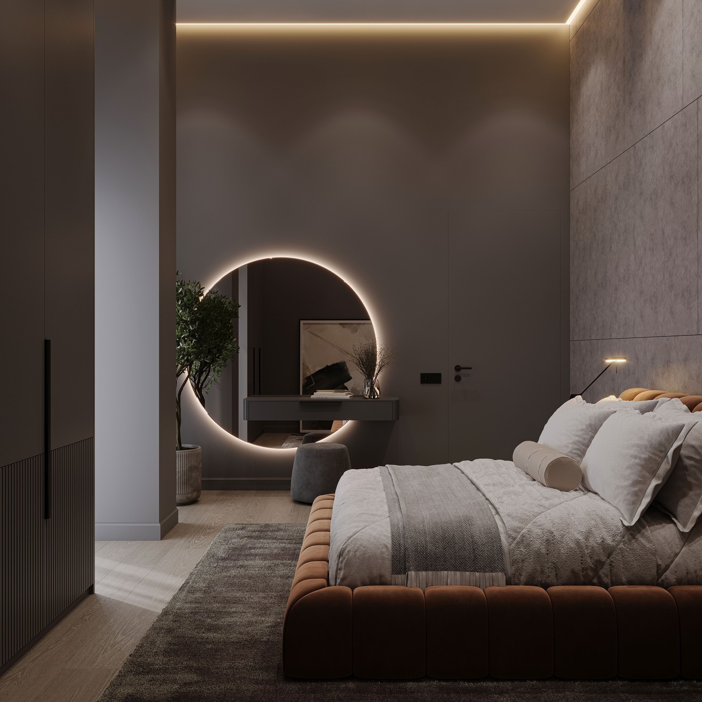 15. Moody Gray Bedroom with Ambient Lighting - minimalist bedroom ideas