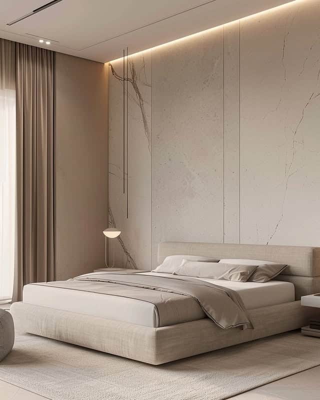 16. Marble Accent Wall & Warm Beige Bedroom - minimalist bedroom ideas