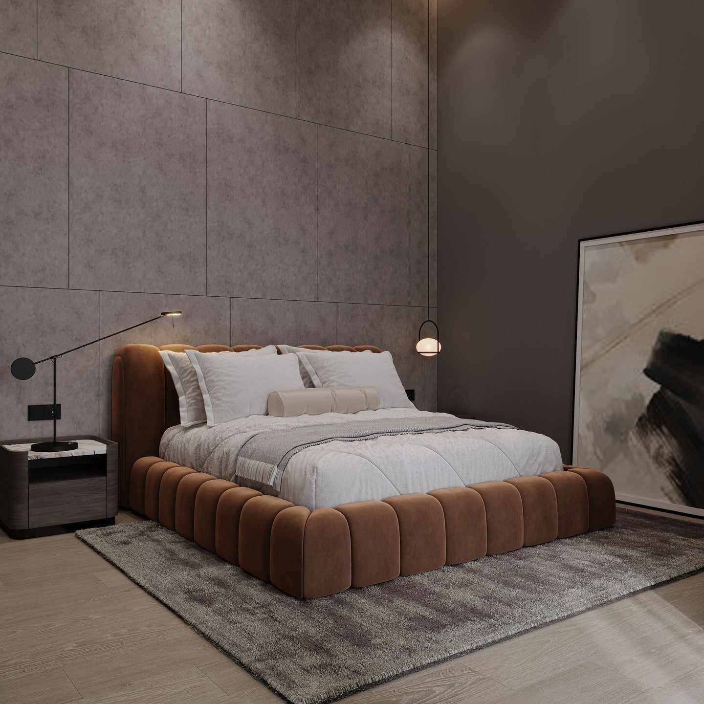 17. Textured Wall Panels & Earthy Brown Bedroom - minimalist bedroom ideas
