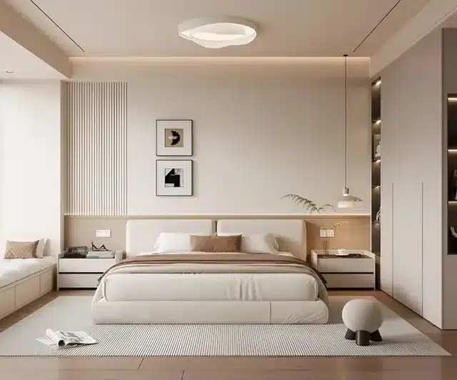 18. Soft Cream Symmetry Minimal Bedroom - minimalist bedroom ideas