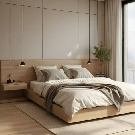19. Floating Wood Platform & Neutral Layered Bedroom - minimalist bedroom ideas