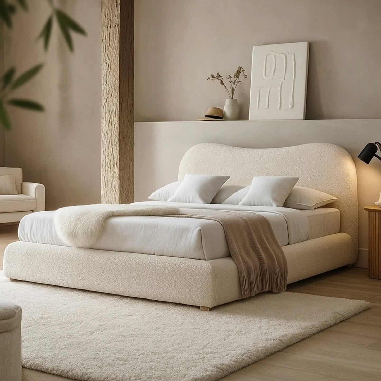 20. Curved Upholstery & Warm Neutral Bedroom - minimalist bedroom ideas