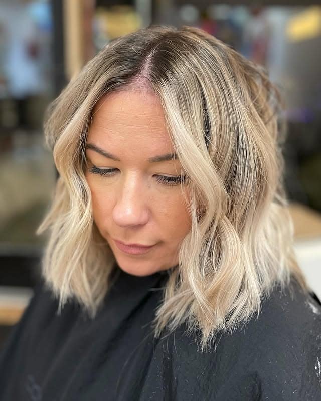 22. Textured Blonde Lob with Shadow Root Blend - Short Messy Hair For Women