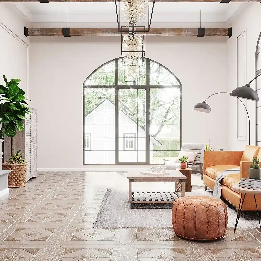2. Rustic-Modern Living Room with Arched Window and Warm Neutrals - large living room ideas