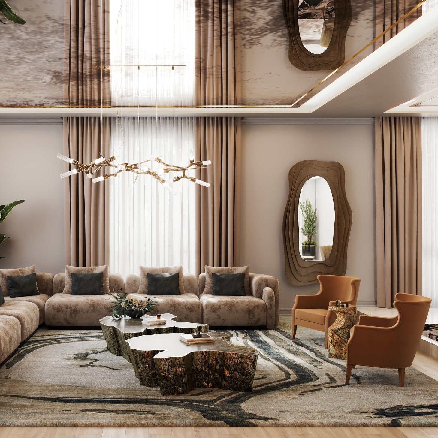 7. Sculptural Modern Living Room with Earthy Tones and Statement Lighting - large living room ideas