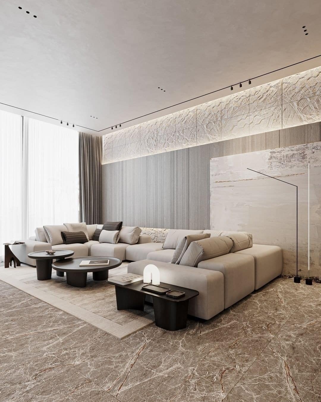 8. Monochrome Luxury Living Room with Textured Wall Panels - large living room ideas