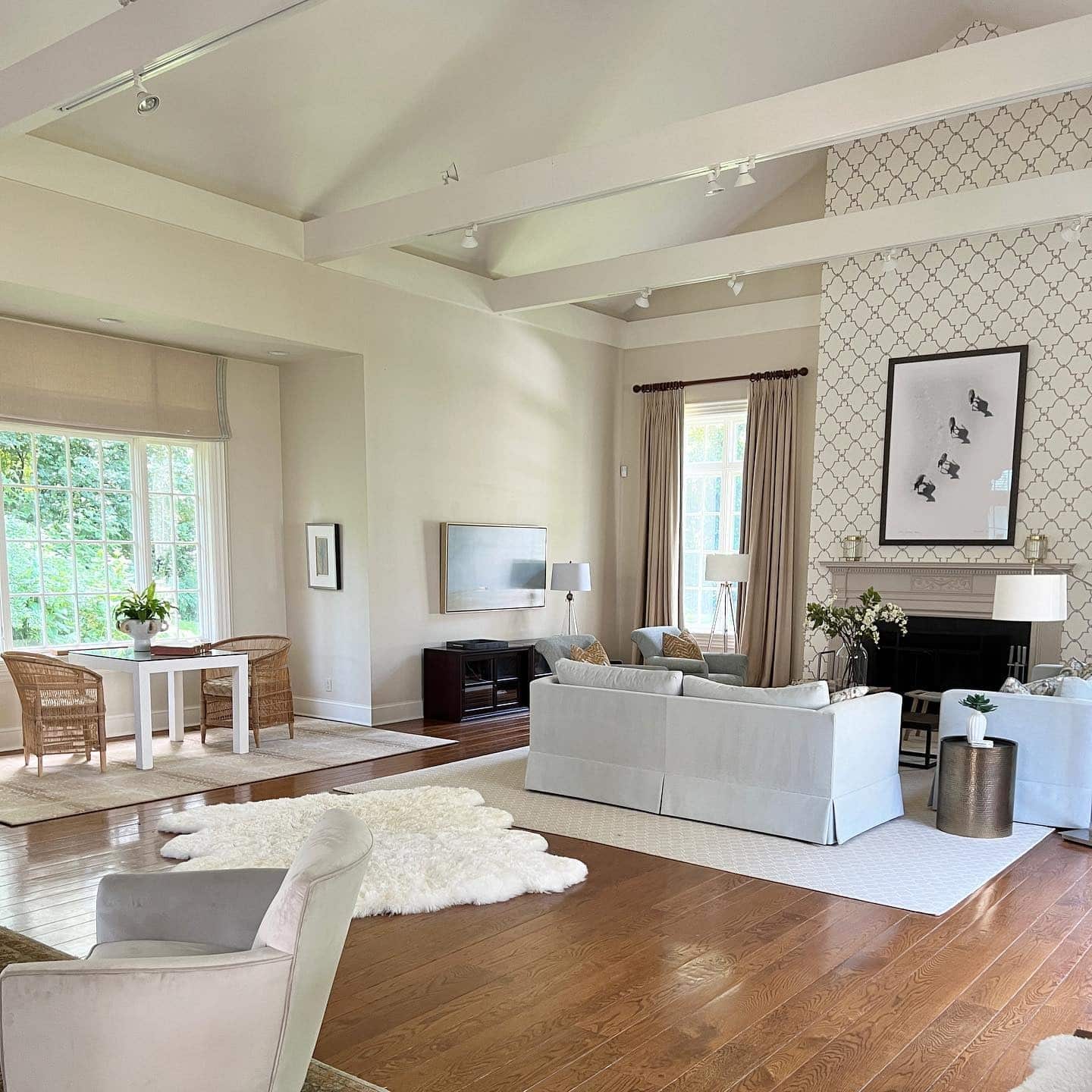 15. Transitional Living Room with Soft Beige and Natural Wood - large living room ideas