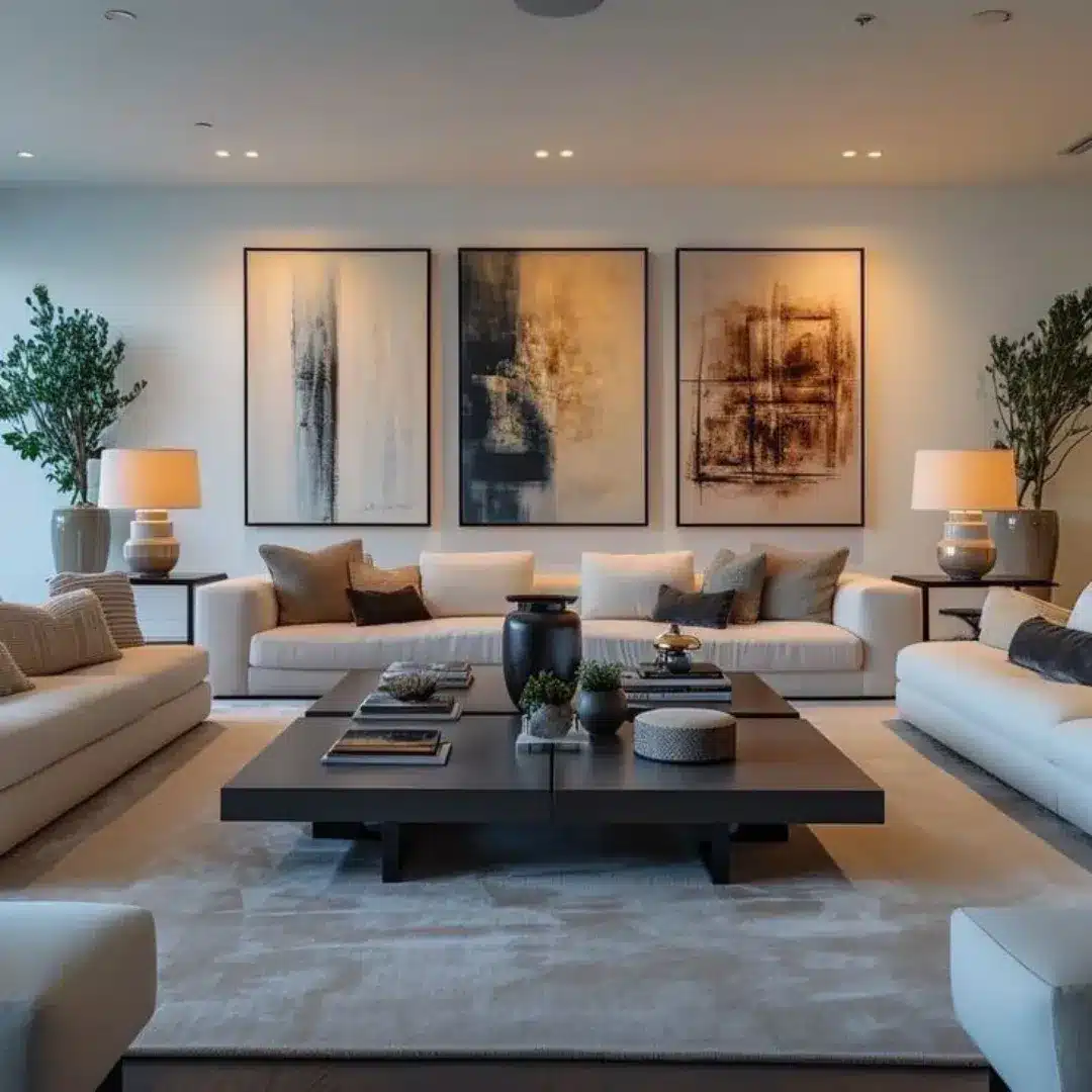 22. Contemporary Living Room with Neutral Tones and Bold Black Accents - large living room ideas