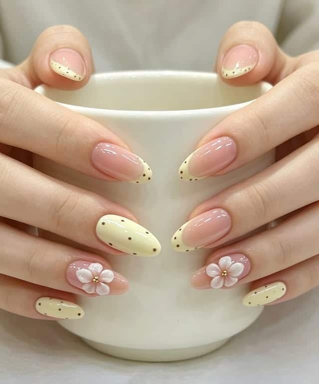 3. Nude and Buttercream Polka Dot Almond Nails with 3D Flowers - nail art ideas