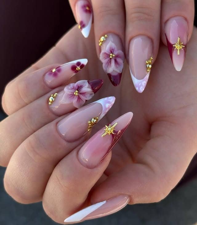 5. Blush Pink and Burgundy Floral Stiletto Nails with Gold Accents - nail art ideas
