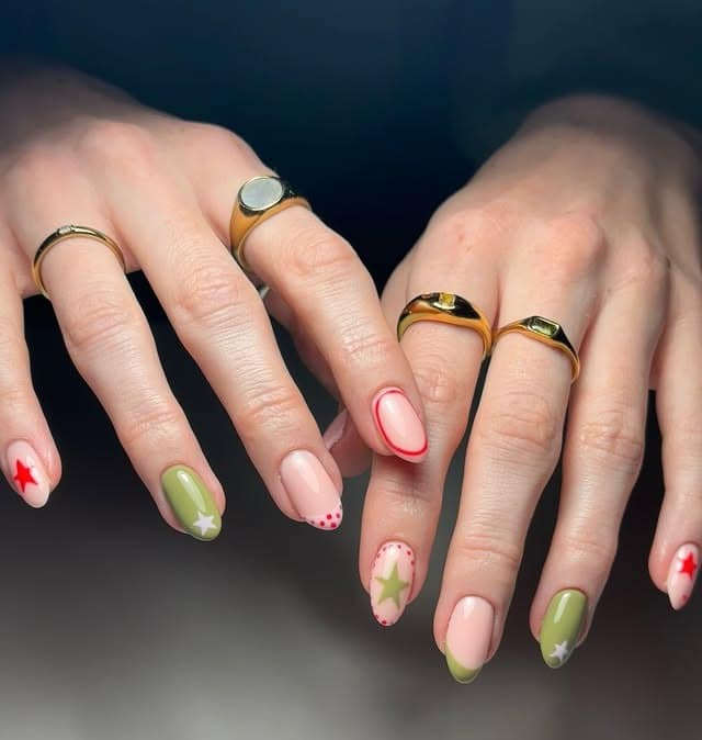 9. Minimalist Nude and Olive Star Accent Almond Nails - nail art ideas