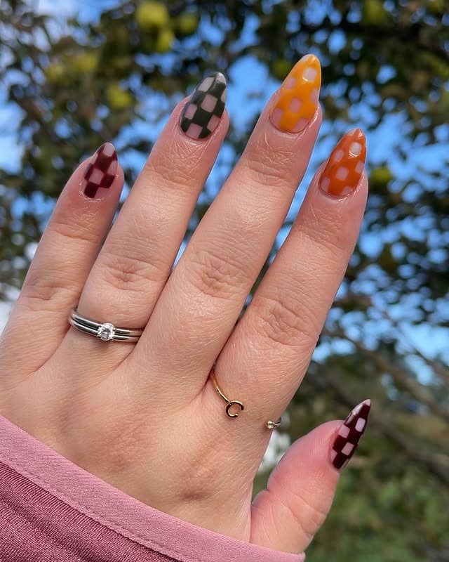 10. Multicolor Checkered Almond Nails with Retro Tones - nail art ideas