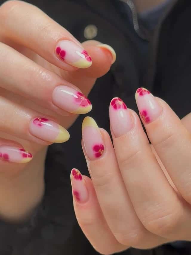 12. Soft Pink and Yellow Bloom Ombre Almond Nails - nail art ideas