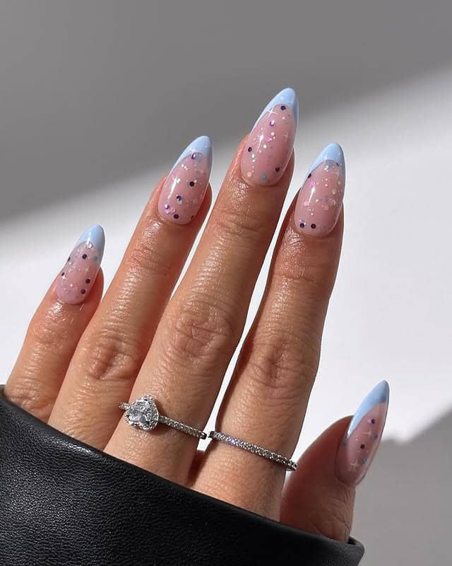15. Baby Blue French Tip Almond Nails with Confetti Glitter - nail art ideas